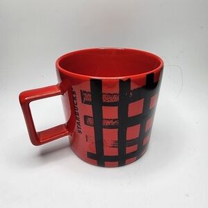 Starbucks 2016 Red and Black Coffee Mug, Checkered/Plaid 4" wide x 3.75" tall